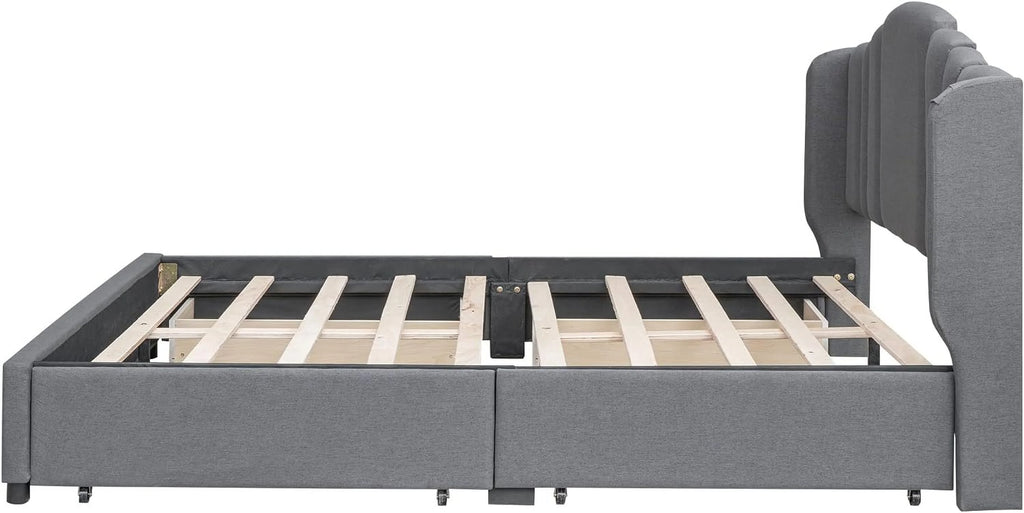 Queen Size Upholstered Platform Bed with Wingback Headboard and 4 Drawers T7520