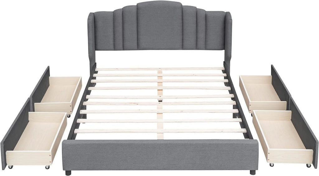 Queen Size Upholstered Platform Bed with Wingback Headboard and 4 Drawers T7520