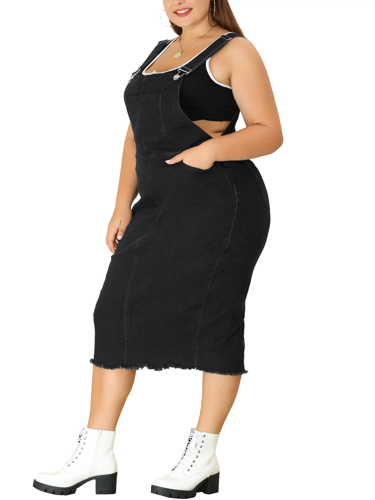 Plus Size Bodycon Raw Hem Denim Midi Overall Dresses D457285