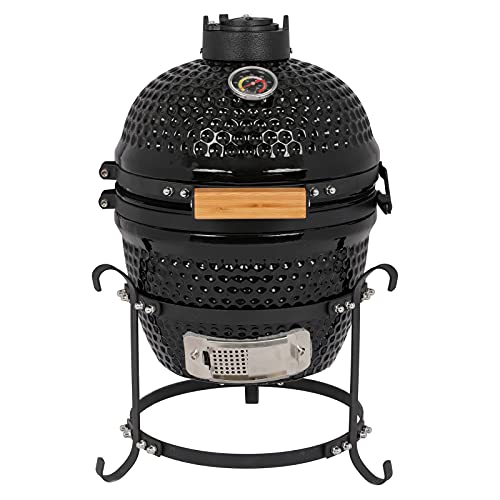 13in Round Ceramic Charcoal Grill with Thermometer, Black W66705