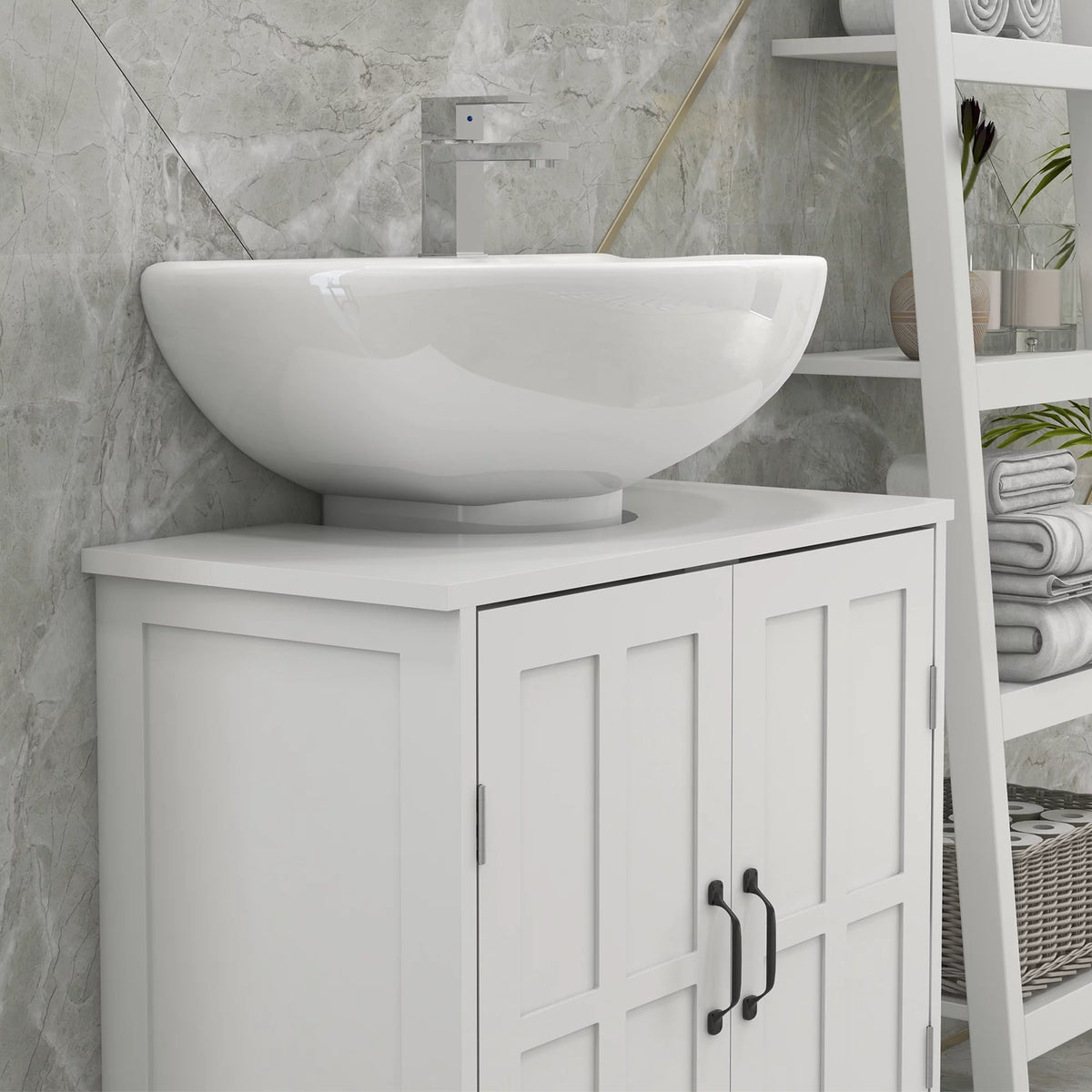 White Bathroom Sink Cabinet with Adjustable Shelf D6694
