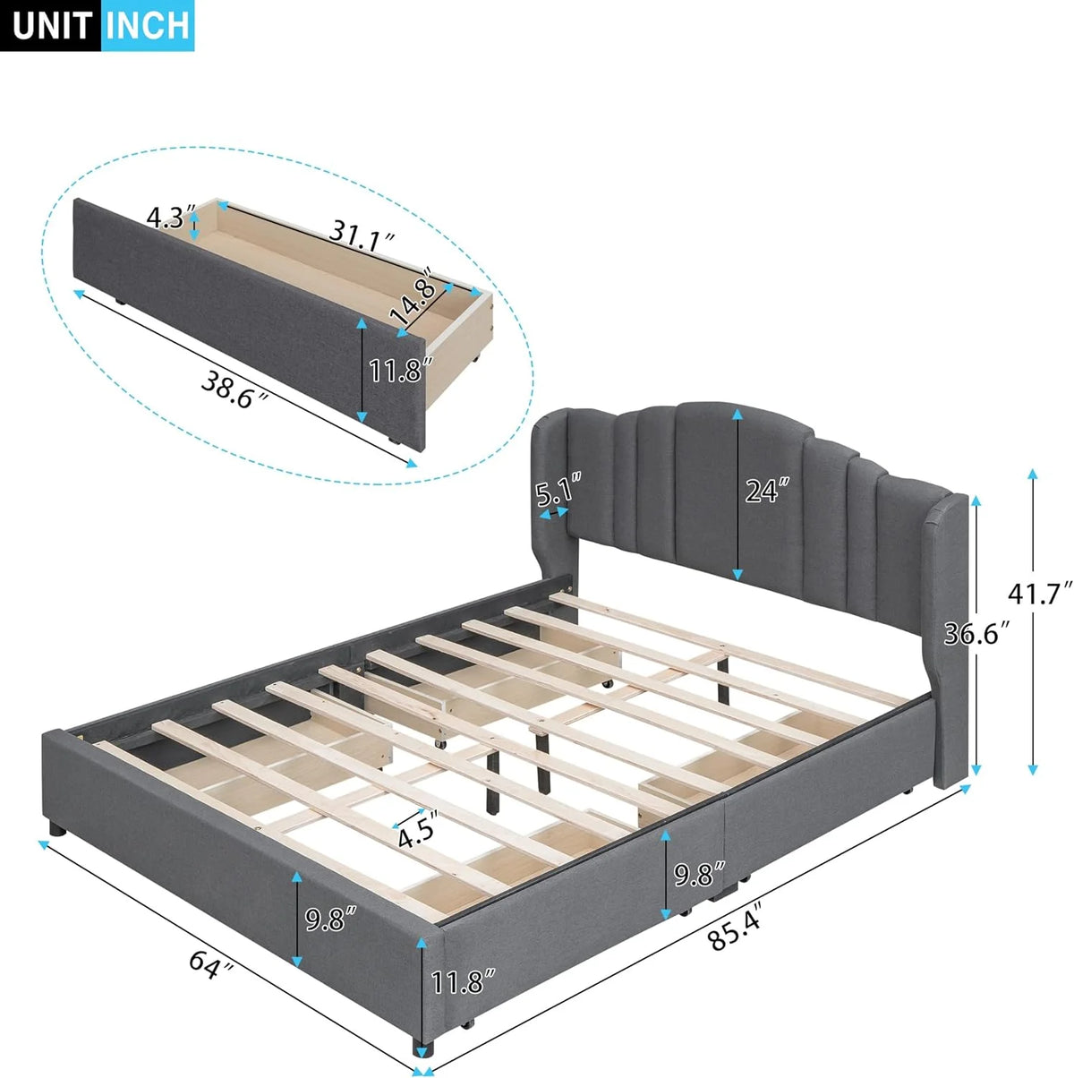 Queen Size Upholstered Platform Bed with Wingback Headboard and 4 Drawers T7520