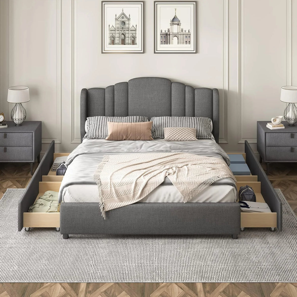 Queen Size Upholstered Platform Bed with Wingback Headboard and 4 Drawers T7520