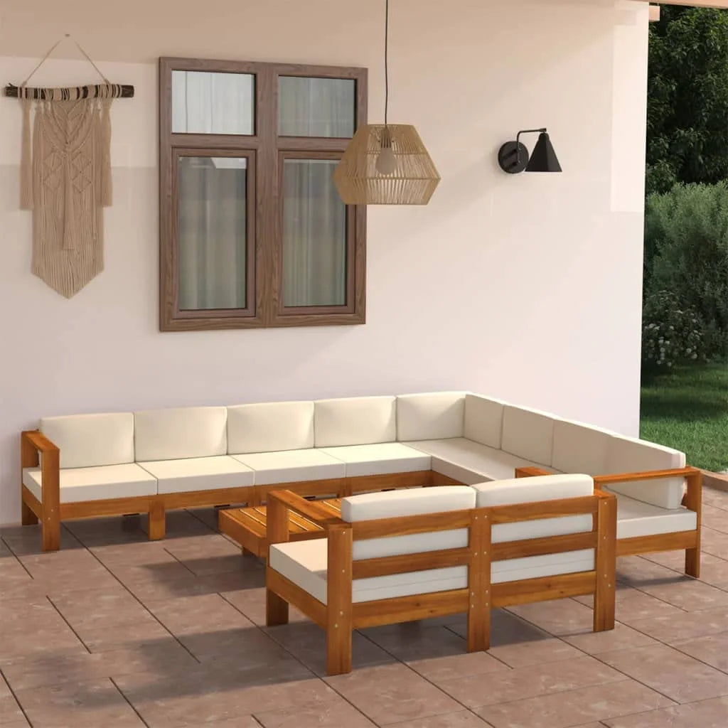 10 Piece Acacia Wood Patio Lounge Set with Cream White Cushions O602