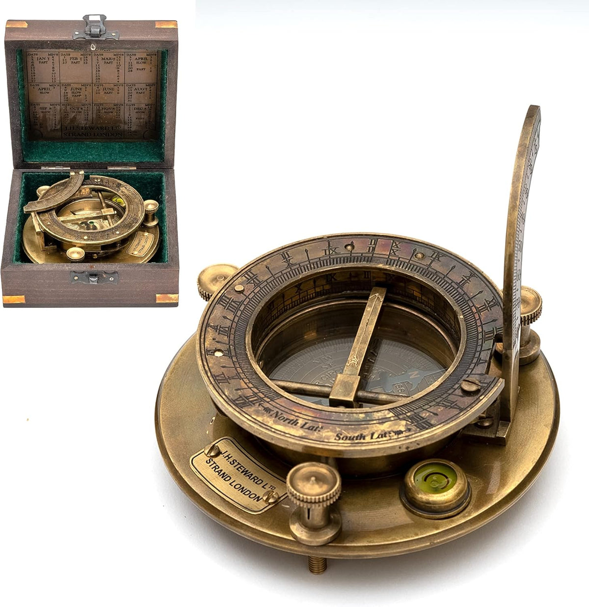 Antique Look Brass Sundial Compass with Wooden Box, Pack of 2 B859972
