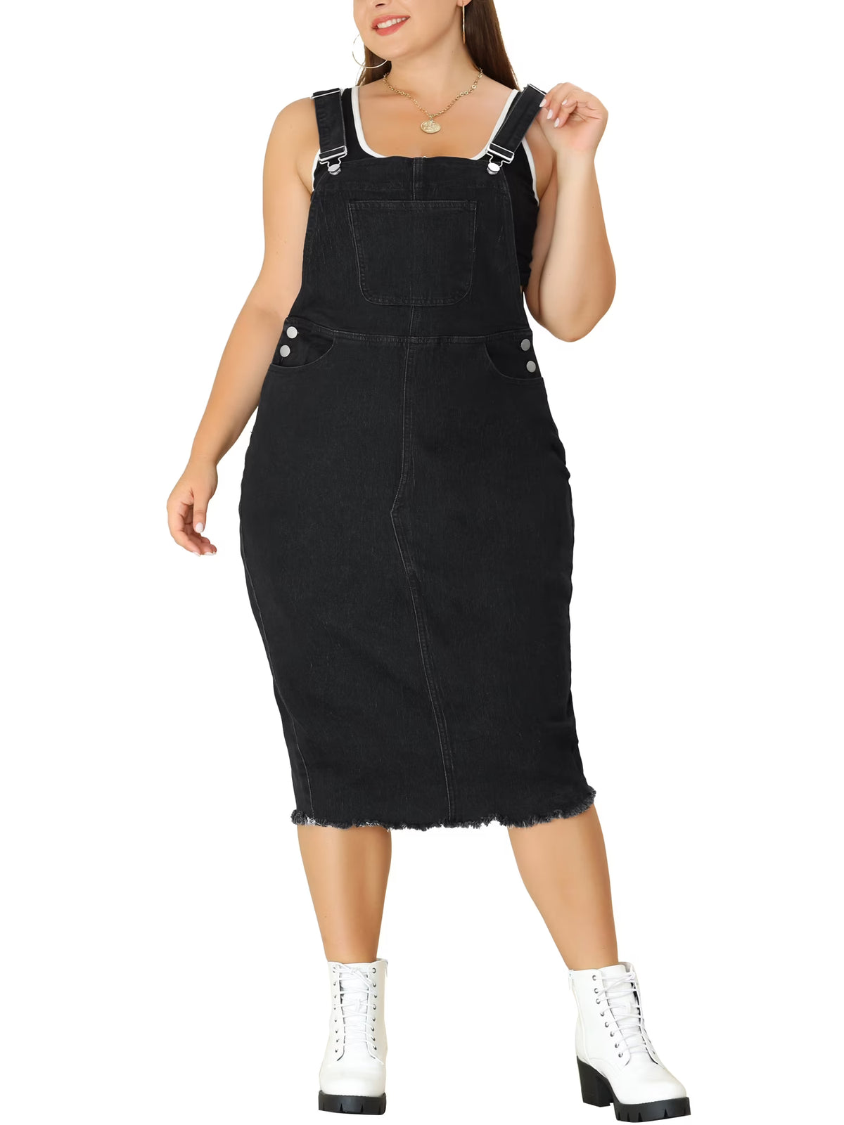 Plus Size Bodycon Raw Hem Denim Midi Overall Dresses D457285