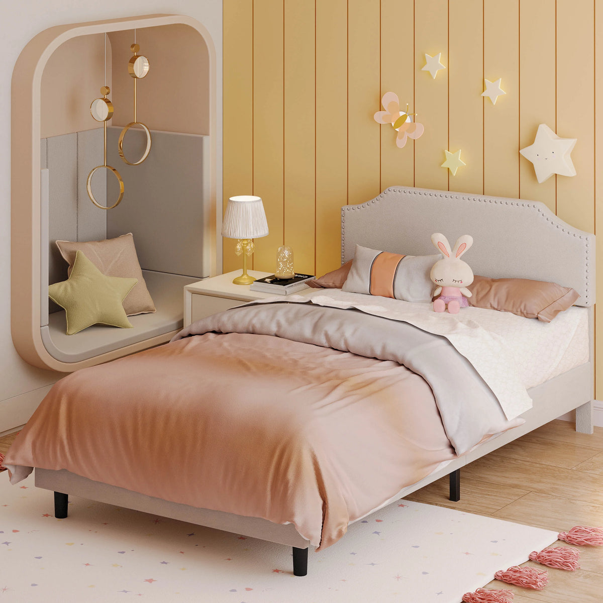 Grey Upholstered Twin Bed Frame with Adjustable Headboard U394239