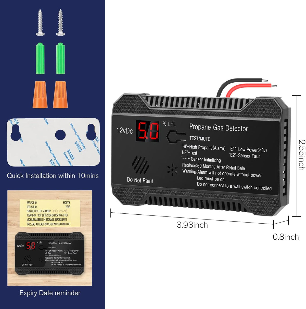 Black Propane Gas Detector Alarm, 12V, LCD Display, 85dB, Pack of 2 W76929