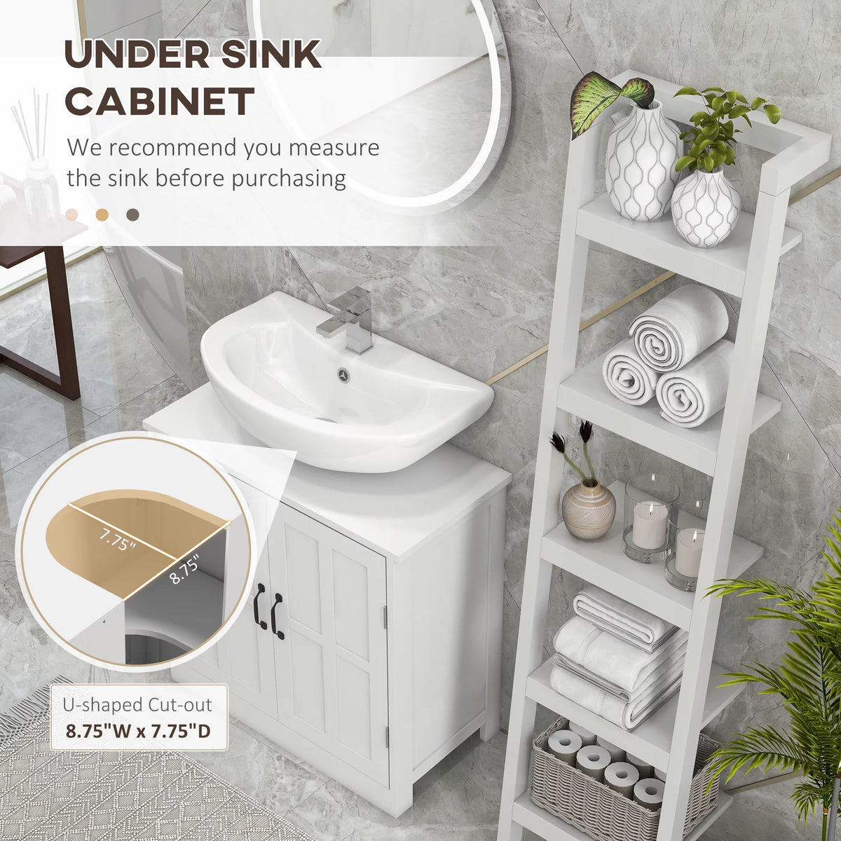 White Bathroom Sink Cabinet with Adjustable Shelf D6694