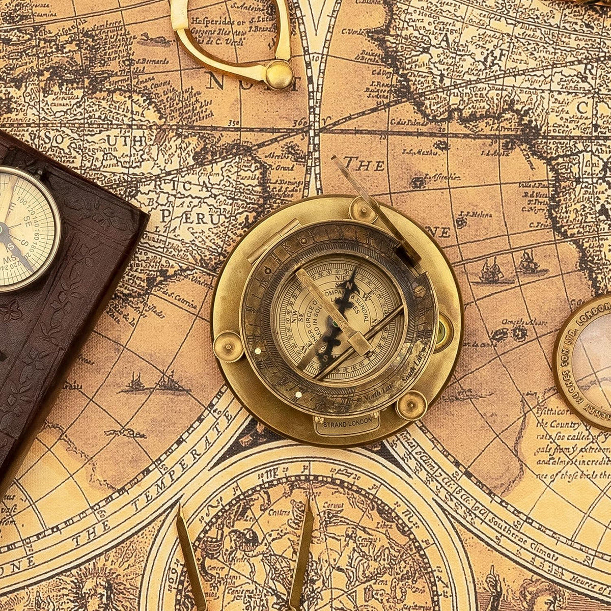 Antique Look Brass Sundial Compass with Wooden Box, Pack of 2 B859972