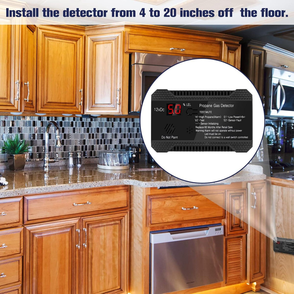 Black Propane Gas Detector Alarm, 12V, LCD Display, 85dB, Pack of 2 W76929
