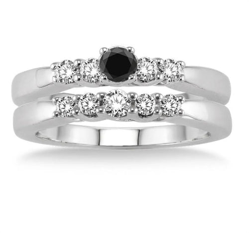 1.25 Carat Black Diamond 5 Stone Bridal Set on 10k White Gold I5918