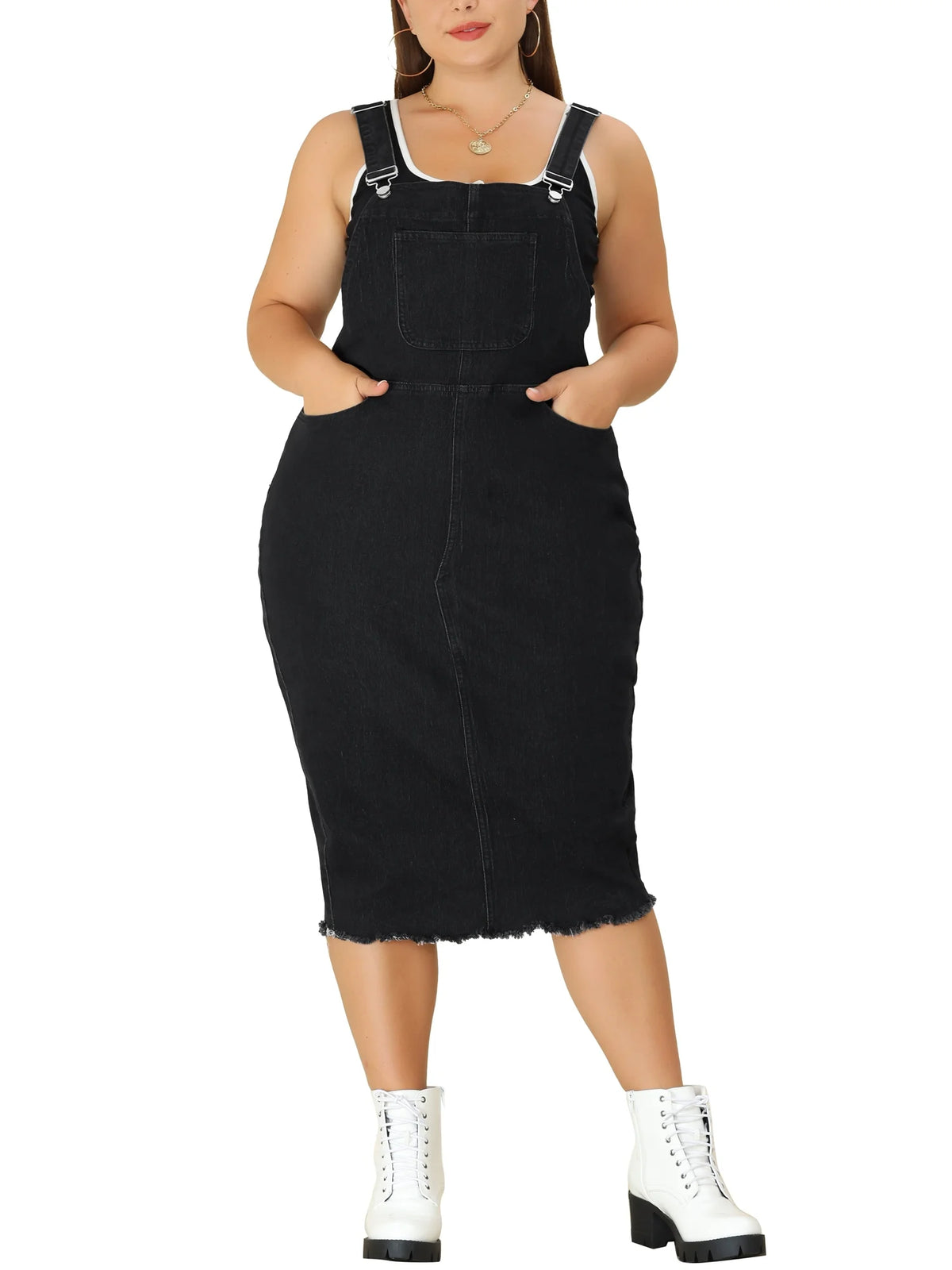 Plus Size Bodycon Raw Hem Denim Midi Overall Dresses D457285