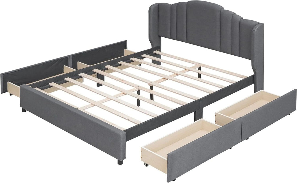 Queen Size Upholstered Platform Bed with Wingback Headboard and 4 Drawers T7520