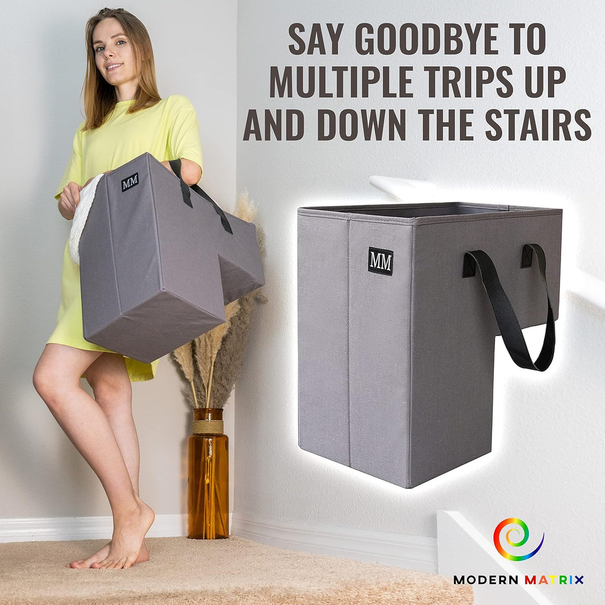 Canvas Stairs Basket with Leather Handles A88932