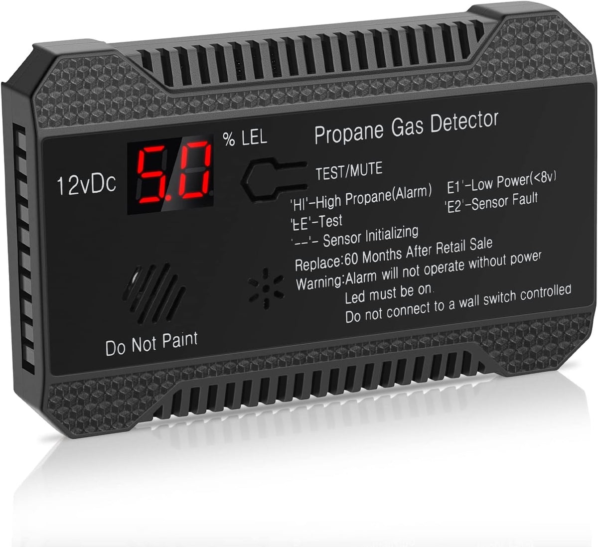 Black Propane Gas Detector Alarm, 12V, LCD Display, 85dB, Pack of 2 W76929
