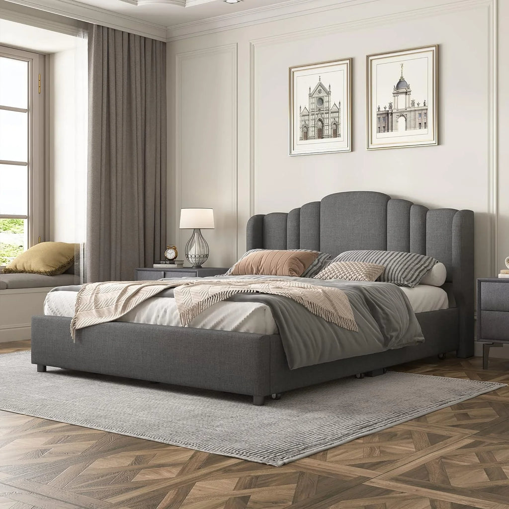 Queen Size Upholstered Platform Bed with Wingback Headboard and 4 Drawers T7520