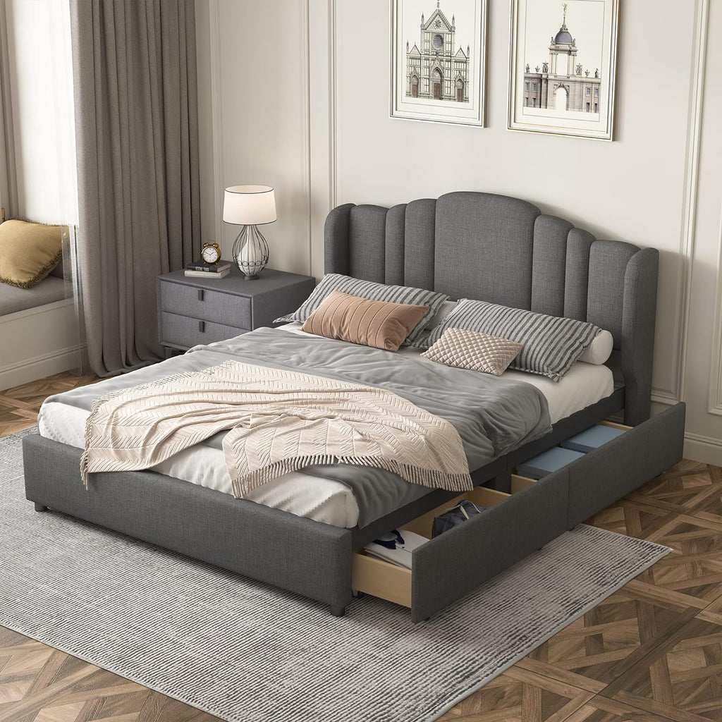 Queen Size Upholstered Platform Bed with Wingback Headboard and 4 Drawers T7520