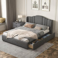 Queen Size Upholstered Platform Bed with Wingback Headboard and 4 Drawers T7520