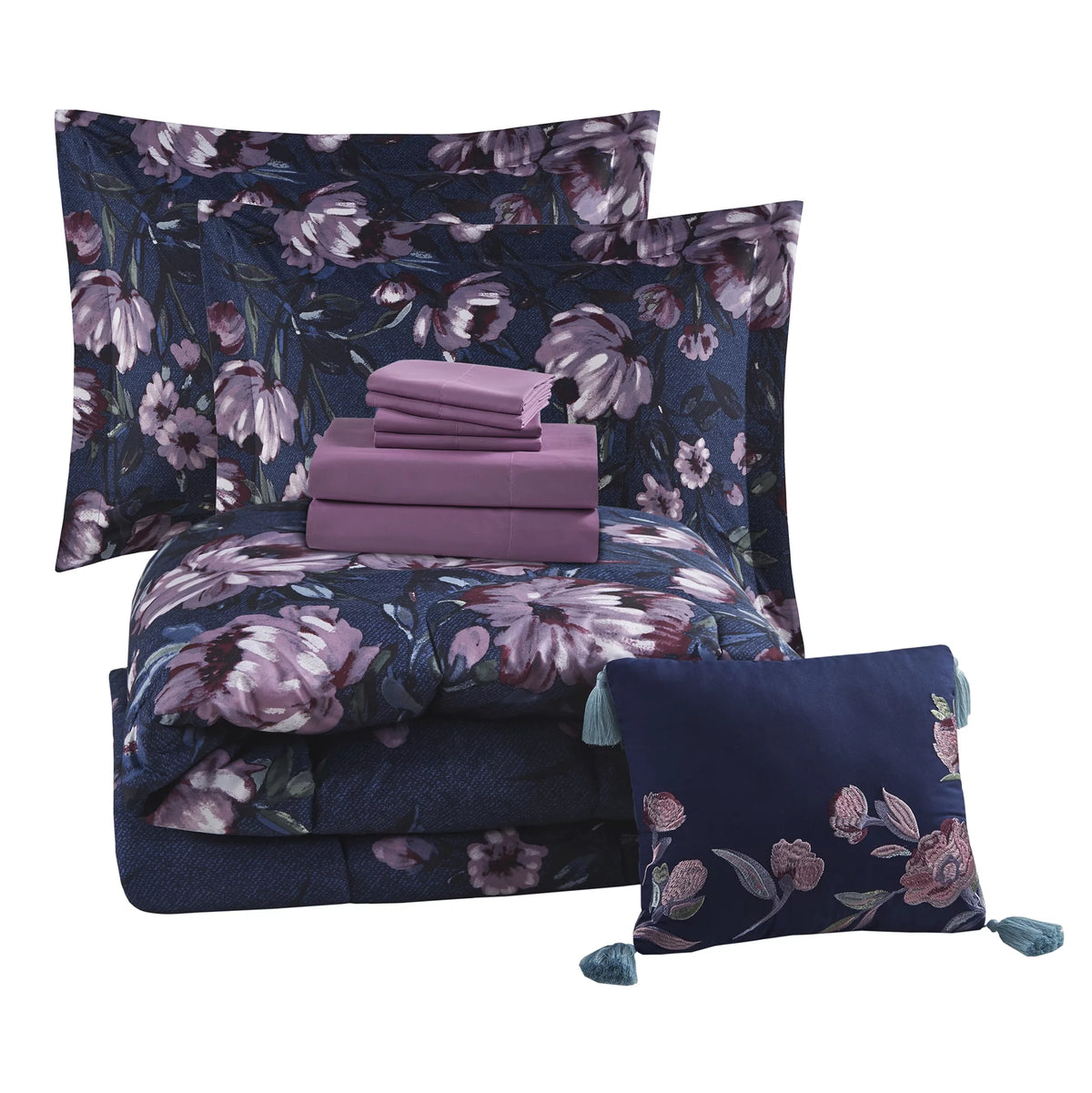 Blue Floral 10 Piece Queen Comforter Set with Sheets S732392