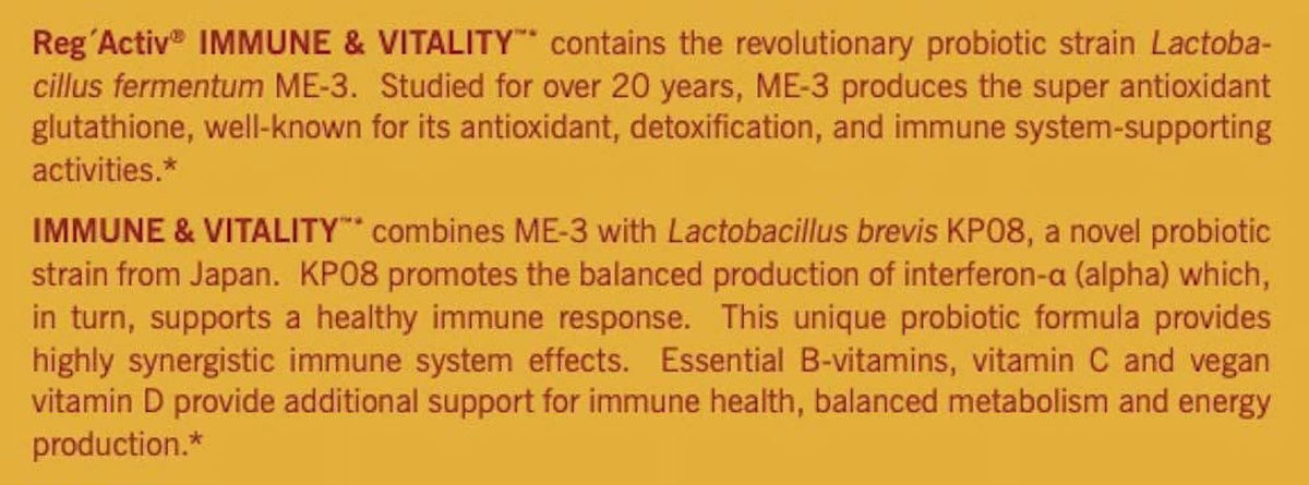 Reg'Activ Immune & Vitality with Lactobacillus fermentum ME-3, brevis KP08, Vegan Vitamin D3 and Vitamins C and B-Vitamins (B1, B2, B3 and B6) P84260