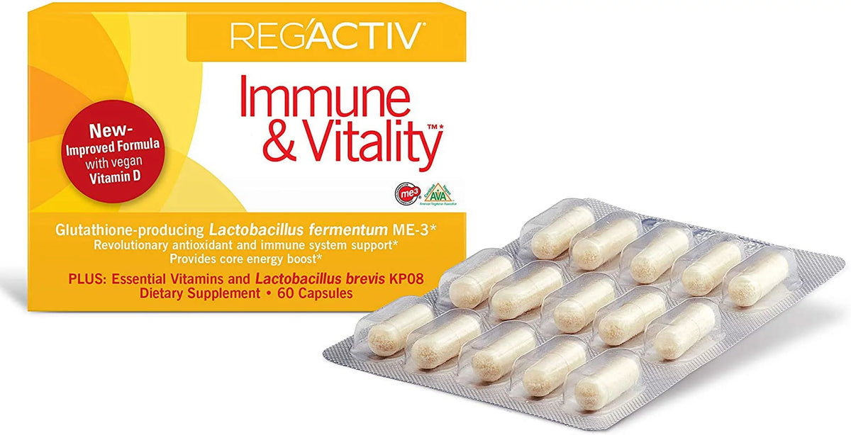 Reg'Activ Immune & Vitality with Lactobacillus fermentum ME-3, brevis KP08, Vegan Vitamin D3 and Vitamins C and B-Vitamins (B1, B2, B3 and B6) P84260