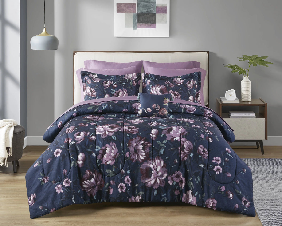 Blue Floral 10 Piece Queen Comforter Set with Sheets S732392