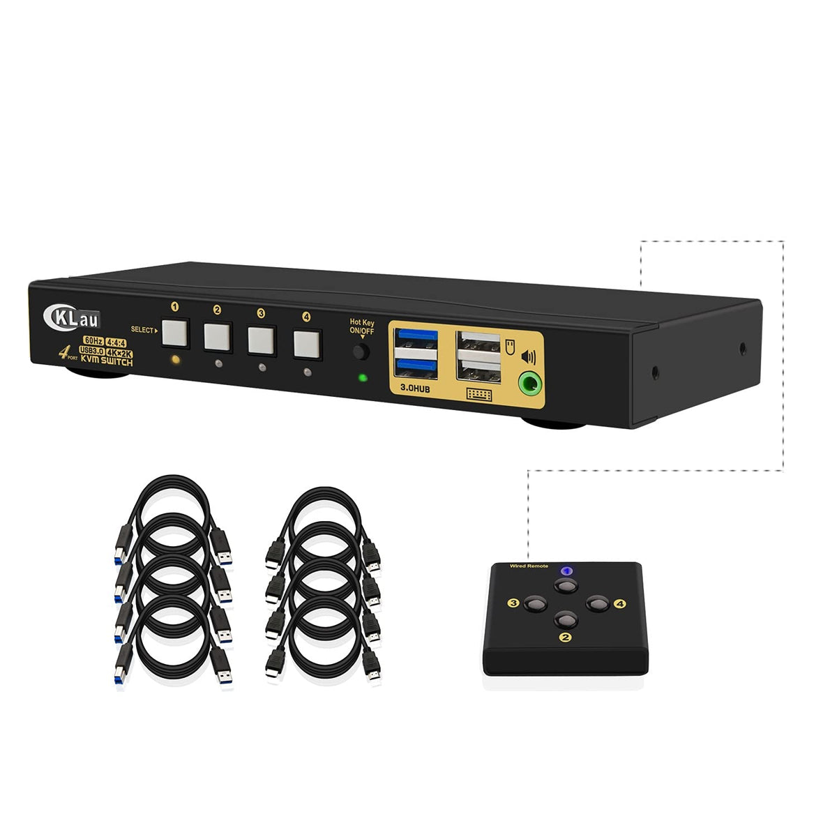 HDMI KVM Switch 4 Port with Cables, 2 pcs USB 3.0 Hub and Audio Output B822004