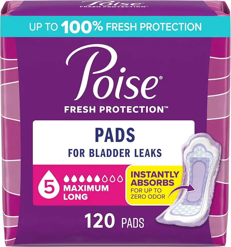 Incontinence Pads, 5 Drop Maximum Absorbency, Long Length, 120 Count I7798
