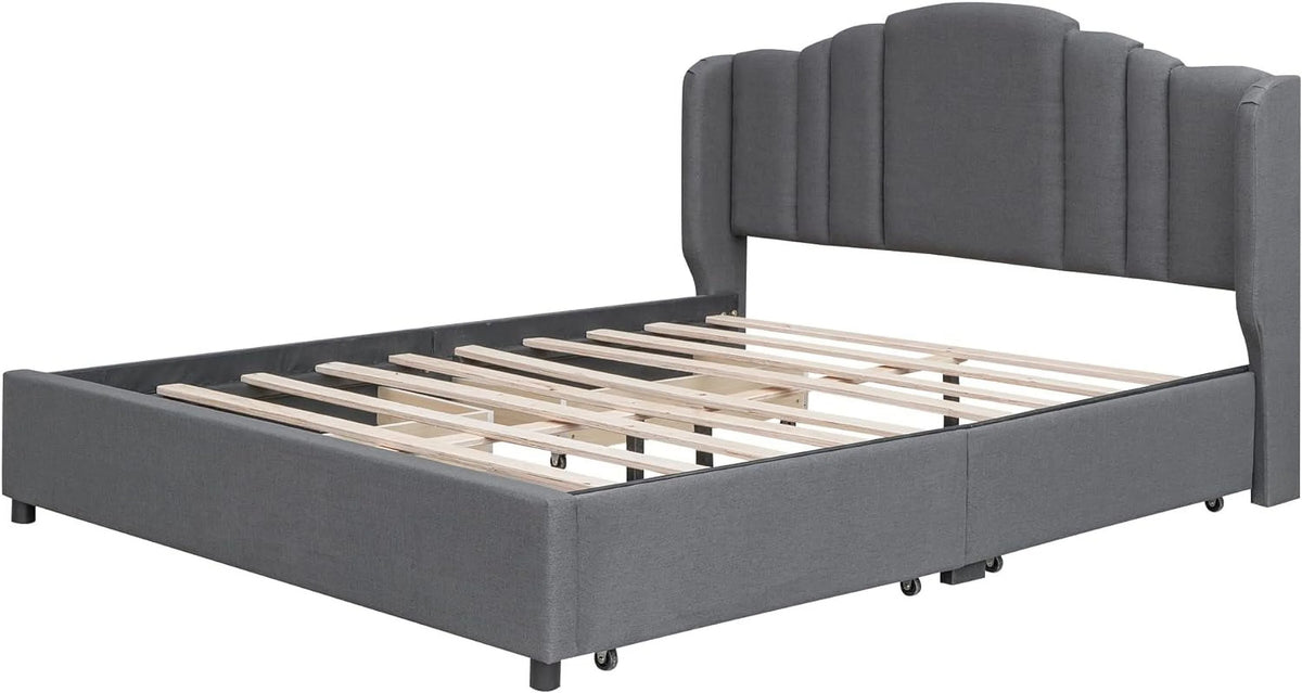 Queen Size Upholstered Platform Bed with Wingback Headboard and 4 Drawers T7520