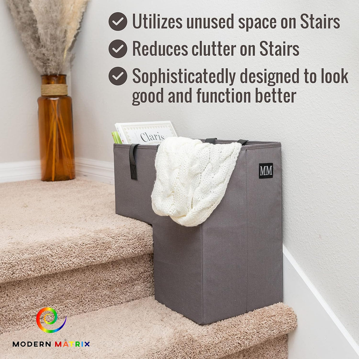 Canvas Stairs Basket with Leather Handles A88932