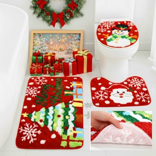 3 Pcs Non Slip Washable Christmas Bathroom Rug Set T448
