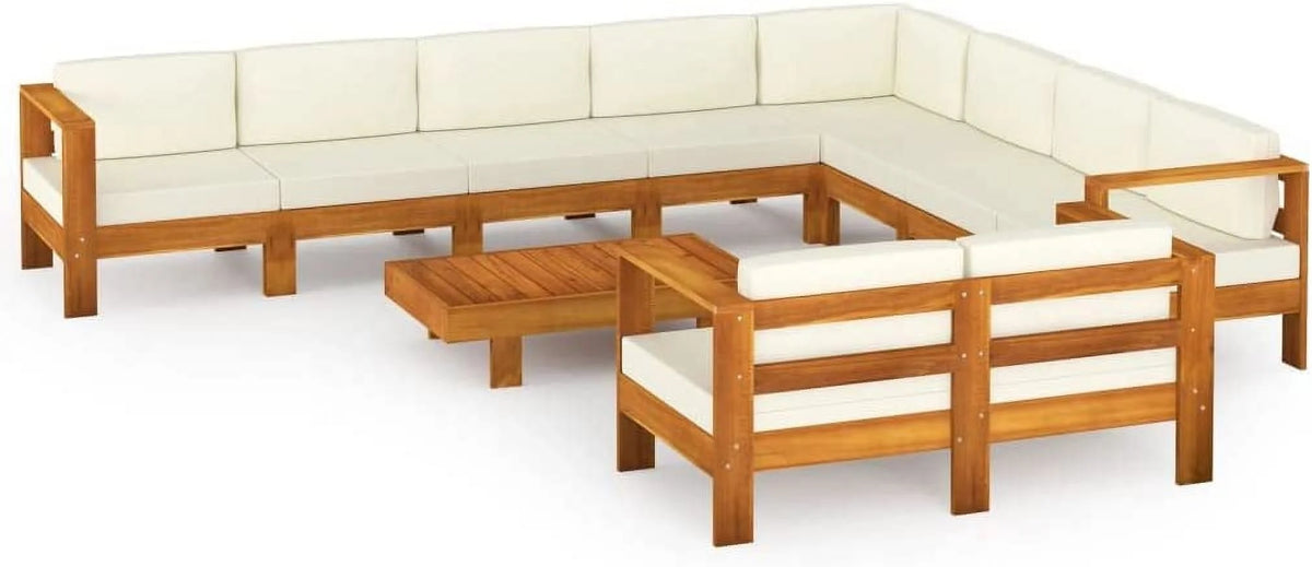 10 Piece Acacia Wood Patio Lounge Set with Cream White Cushions O602