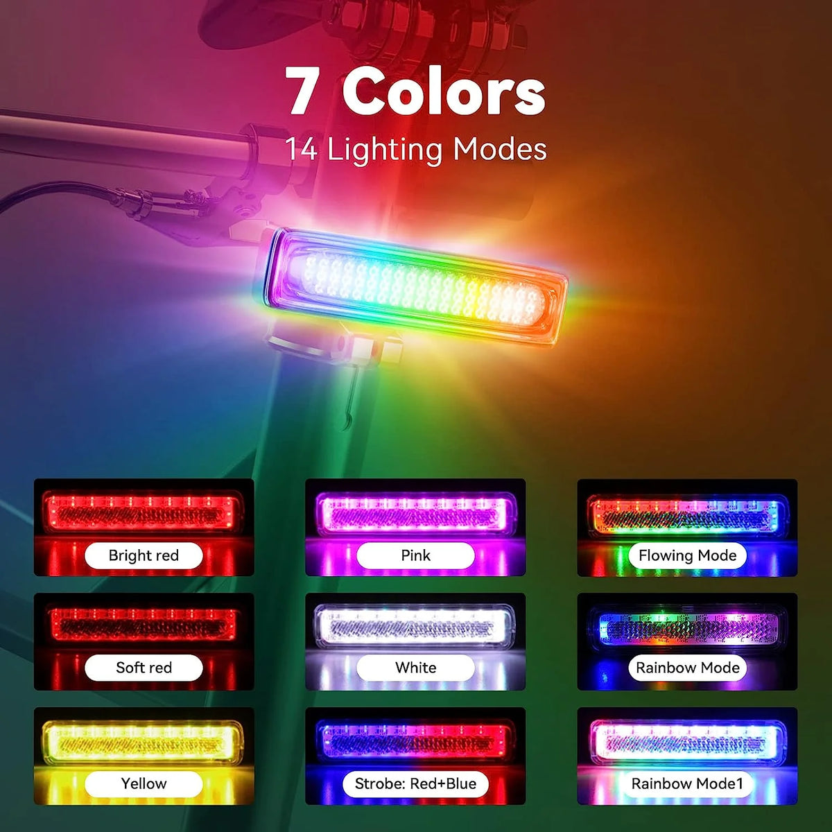 USB-C Rechargeable LED Bicycle Rear Light, Waterproof, 7 Colors 14 Modes O171743