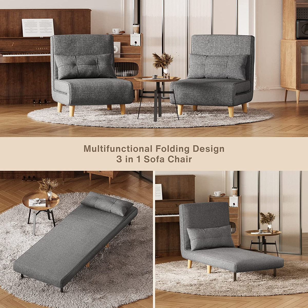 3-in-1 Convertible Sleeper Chair Bed Dark Grey W268