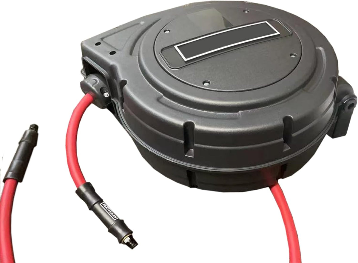 3/8 inch x 50 ft Enclosed Retractable Air Compressor Hose Reel with 3 ft Lead-in Hybrid Hose O946803