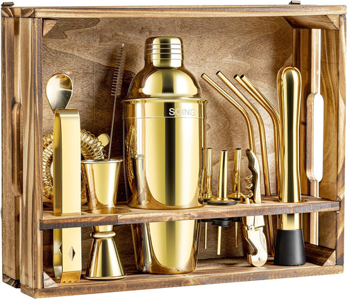 16-Piece Bar Tools Set with Wooden Stand and Velvet Carry Bag (Gold) A67013