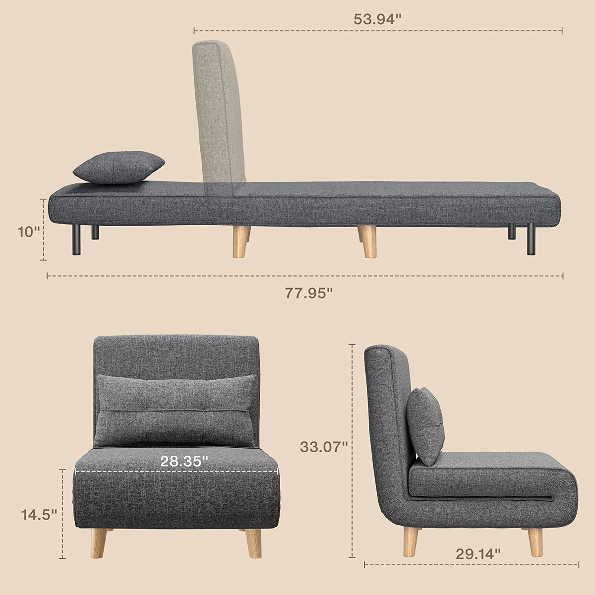 3-in-1 Convertible Sleeper Chair Bed Dark Grey W268