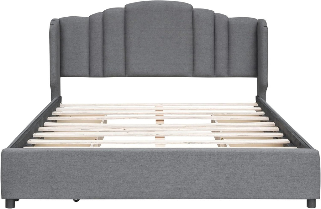 Queen Size Upholstered Platform Bed with Wingback Headboard and 4 Drawers T7520