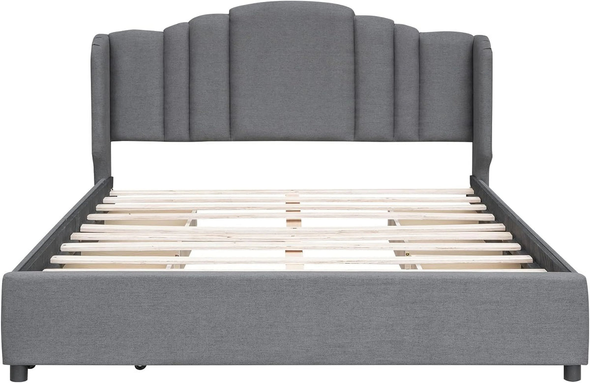 Queen Size Upholstered Platform Bed with Wingback Headboard and 4 Drawers T7520