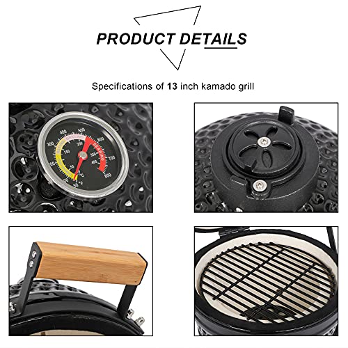 13in Round Ceramic Charcoal Grill with Thermometer, Black W66705